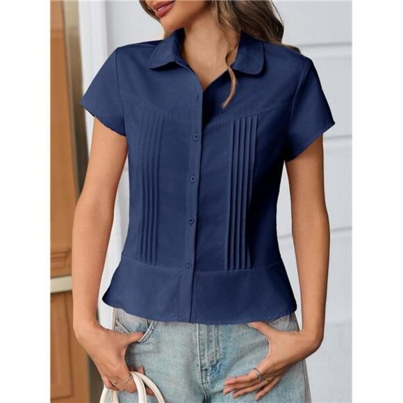 Womens Short Sleeve Button Down Blouse Slim Fit White Collared Work Shirt - Picture 2 of 7